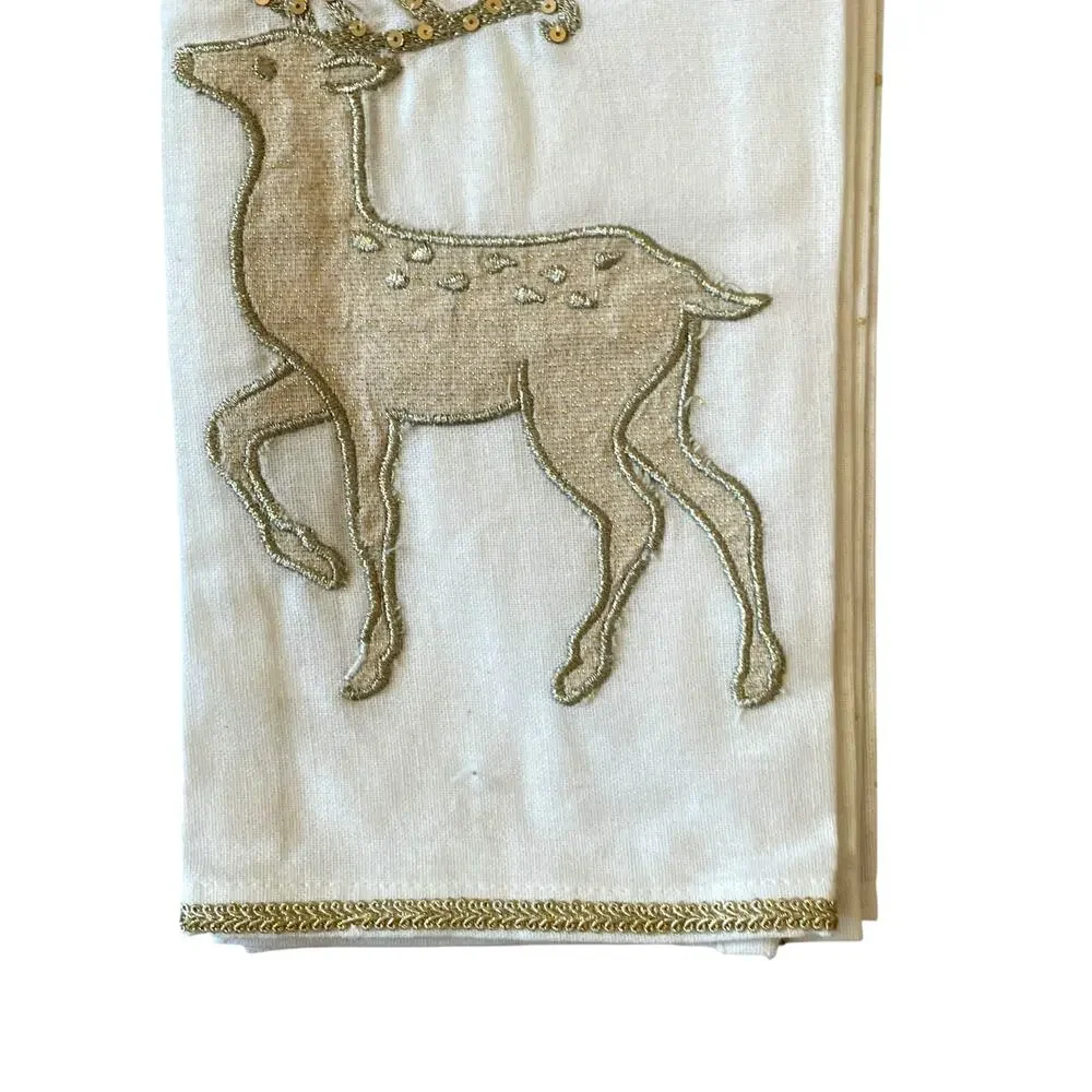 Granville Lane Embroidered Reindeer Cotton Kitchen Towels 20x28 White Gold 2pc